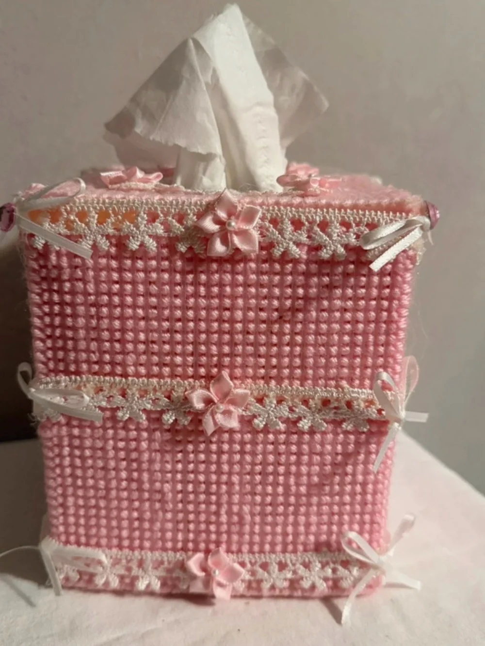 Vintage Pink Plastic Canvas Tissue Box Cover Coquette Lace Bows Handmade